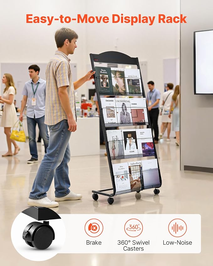 VEVOR Brochure Display Rack, 4-Tier Magazine Literature Display Stand with Wheels, Movable Floor Standing Magazine Rack, Heavy Duty Newspaper Catalog Holders for Shop Exhibitions Office Craft Fairs - Image 4