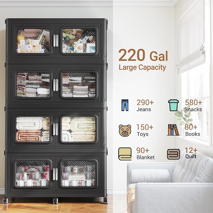 BROVIEW 300 Qt/75 Gal Stackable Storage Bins with Lids, 1 Pack, Black | Large Stackable Storage Boxes w/ 1 Lid Folding Plastic Cart Organizer for Home Kitchen, Open Front Clear Door with Wheels - Image 6