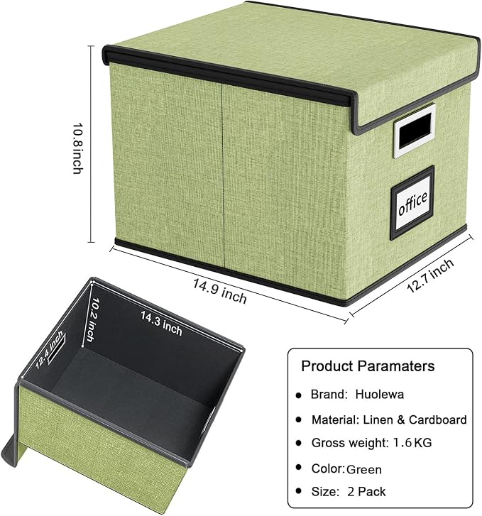 File Organizer Box with Lids, Collapsible File Folder Organizer | File Box with Plastic Slides for Document, Filing Bin for Letter Size Hanging File Folders (2 Pack, Dark Green) - Image 6