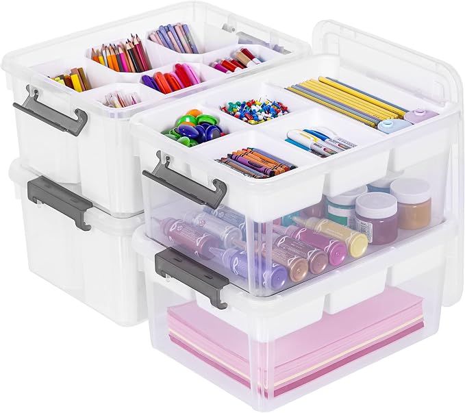 Citylife 17QT 4Packs Clear Craft Organizers and Storage Bins with Lids | Stackable Art Supply Organizer with Tray and 6 Inserts for Markers, Crayons, Pencils, Tools, Playdoh, Coloring Books by CITYLIFEHomeOrganization