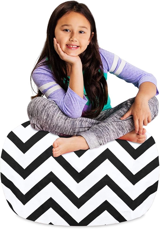 Posh Creations Kids Stuffed Animal Storage Bean Bag Chair Cover - Childrens Toy Organizer, Medium-27in, Canvas Chevron Black and White by PoshCreations