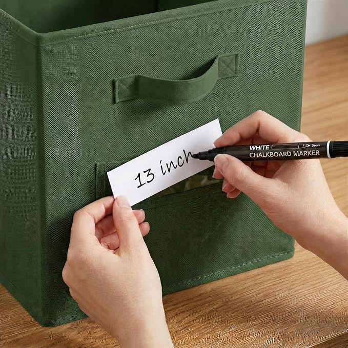 Storage Bins,13 Inch Cube Storage Bin with Labels,6pcs,Dark Green | Fabric Storage Cubes for Shelves,13 Inch storage cube bins with 6 Labels Window Cards & a Pen. - Image 4