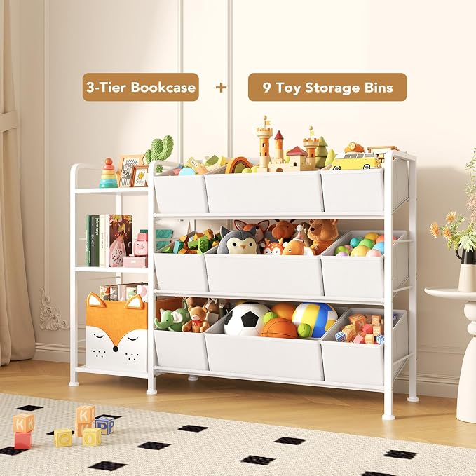 BBLIKE Kids Bookshelf and Toy Storage Organizer with 9 Removable Fabric Bins, Toddler Book Shelf & Stuffed Animal Storage Rack for Playroom, Bedroom, Nursery, White - Image 6
