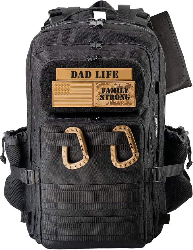 Dad Diaper Bag for Men with Dad Life Patches, Changing Pad | YKK Zippers, 2 Insulated Bottle Pouches, Adjustable Padded Back Straps, Cinch Straps, Stroller Straps, 9 Internal Pockets by ActiveDoodie