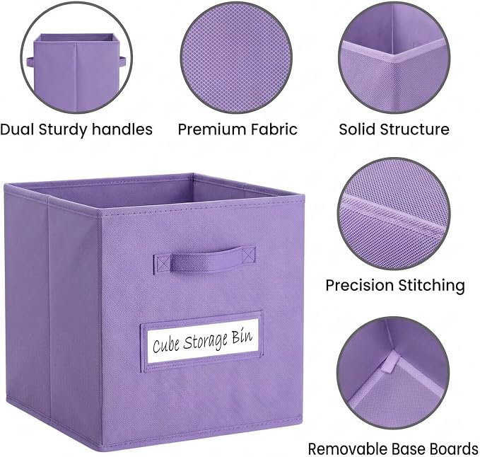 Storage Bins,11" Cube Storage Bin with Labels,10pcs,Purple | Fabric Storage Cubes for Shelves,11 Inch storage cube bins with 10 Labels Window Cards & a Pen. - Image 2