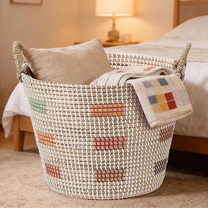 Laundry Hamper Basket 3-Piece Set with Handles - Large (45L), Medium (29L), Small (20L) - Natural Seagrass Woven Storage Bins for Clothes, Blankets, Toys, Bedroom & Bathroom Organization - Image 4