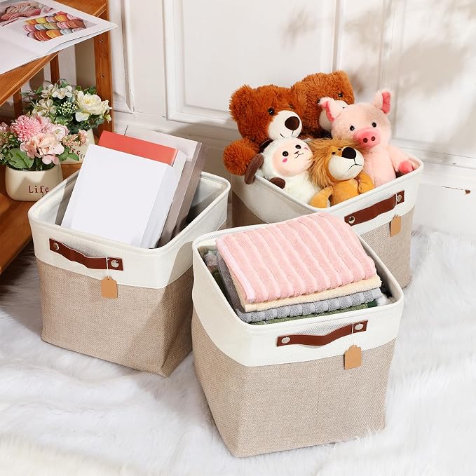 Uiifan 10 Pcs Collapsible Storage Bins Fabric Foldable Storage Basket with Handles Cloth Organizer Linen Shelf Baskets for Shelves Home Closet Nursery Toys(12 x 12 x 12 Inch,Beige and White) - Image 5