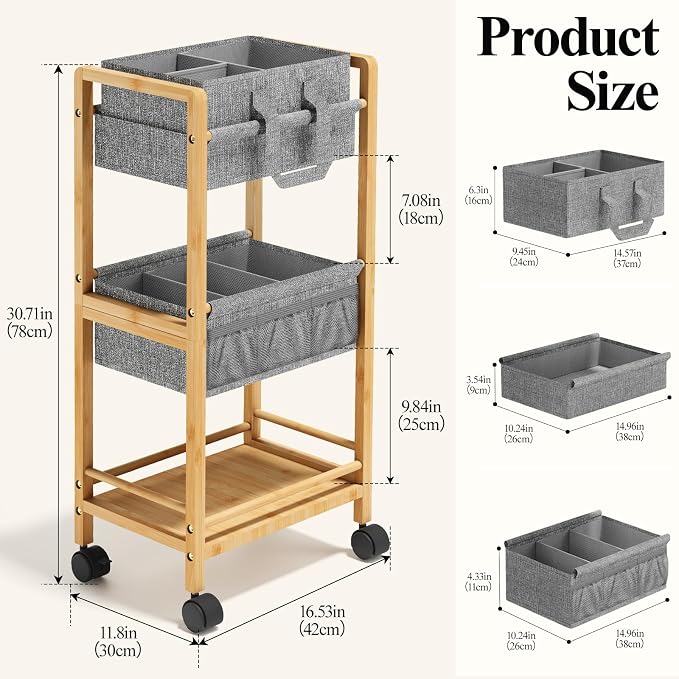 Bamboo Diaper Caddy Cart with Wheels - 3-Tier Rolling Storage，Light Grey | Removable bins, side pockets, sturdy handle, smooth wheels. For nursery, living room, laundry, pet. Natural bamboo, versatile - Image 2