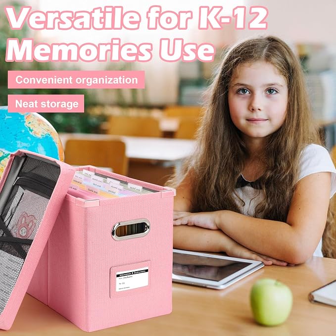 DOSTATNI School Years Organizer Kit K-12 School Years Memory Keeper with 15 Hanging File Folders Plastic 4 different Labels Memory Keepsake Box for kids Storage Pictures File Keeper (Pink) - Image 7