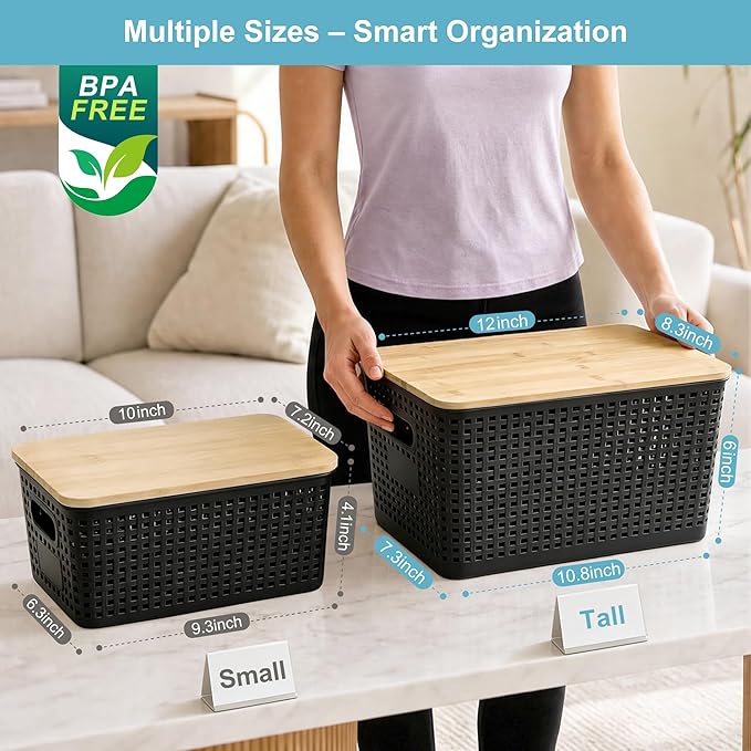 Small Plastic Storage Bins with Bamboo Lids 5.2qt Stackable Box Basket Pantry Decorative Containers Cute with Lable for Organizing Desktop Closet Office Black of 6 packs 10 * 7.2 * 4.1" - Image 9