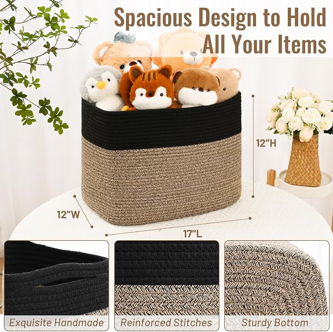 3 Pack Cube Storage Bin, 17”x12”x12” Cotton Rope Woven Baskets for Organizing Toys Clothes Towels, Square Gift Storage Baskets for Shelves, Nursery, Closet, Bathroom, Pantry (Black & Brown) - Image 4