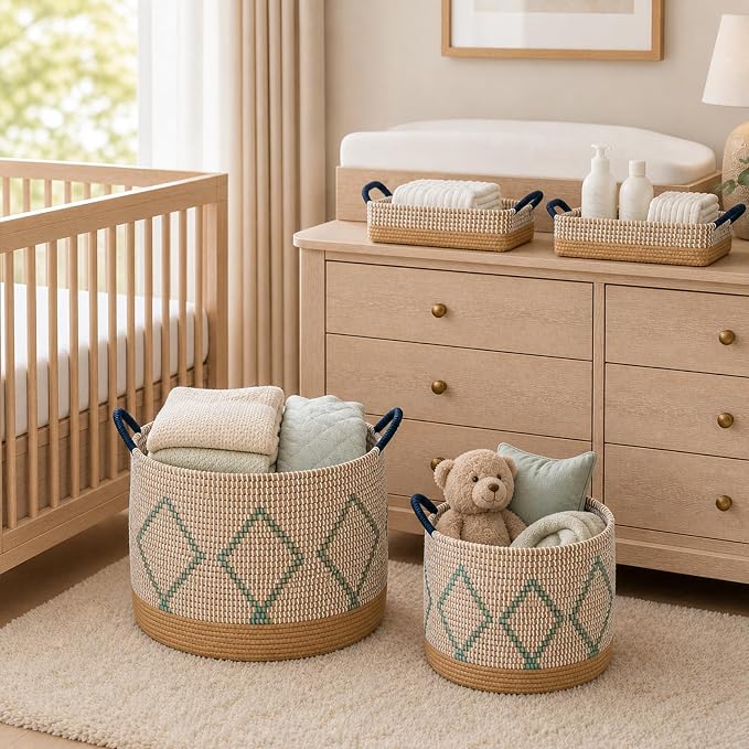 Handwoven Sea Grass Storage Baskets Set of 4-2 Round & 2 Square Woven Bins with Handles by Vietnamese Artisans, Natural Fiber Organizer for Living Room, Bathroom, Nursery, Shelves - Image 5