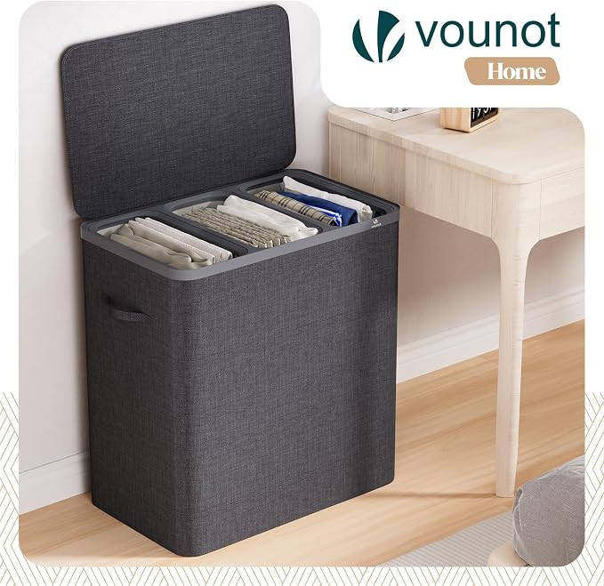 VOUNOT® 170L Laundry Basket with Lid, Rectangular 3 Compartment Laundry Hamper with Removable Bags & Handles, Foldable Laundry Bin for Bedroom, Bathroom, Utility Room, Anthracite - Image 2