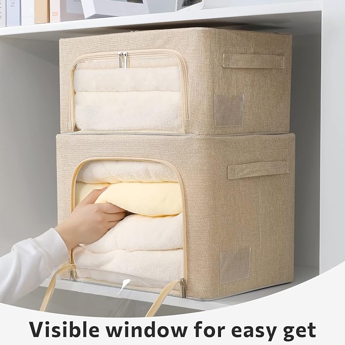 FHSQX 2 Pack Clothes Storage Bins with Metal Frame, Beige, 15.7x11.8x11.7 Inch - Image 6