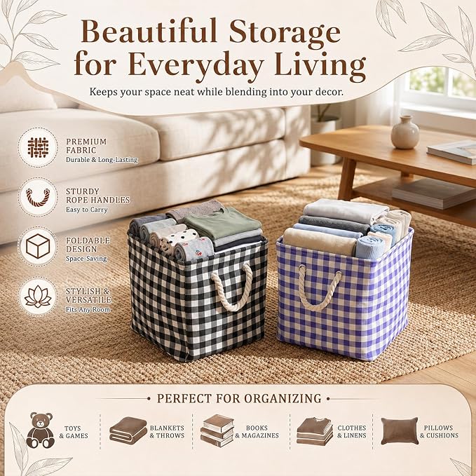 6 Pack Gingham Storage Bins, 11 Inch Cube Fabric Storage Baskets | Foldable Fabric Cube Baskets with Reinforced Handle,Checkered Classroom Storage Bins, for Shelves, Closets, Room Organization - Image 6