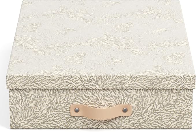 Bigso Oskar Fiberboard Document Storage Box with Lid for A4 and Letter Size Papers - Stylish, Sturdy, and Stackable Keepsake Box with Leather Handle - W10.2in x D13.8in x H3.3in - Waves Gold by Bigso