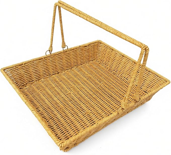 Plastic Picnic Basket with Foldable Handle - Rectangular Rattan Style Organizing Basket, Large Capacity Woven Storage Basket by Unknown