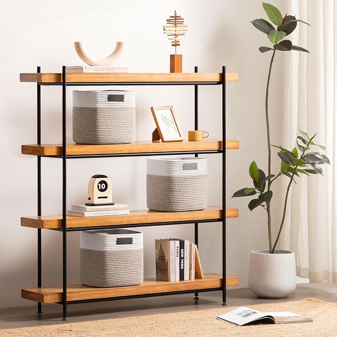 Dreamcountry 13x13 Cube Storage Bins, Storage Cubes with Handles, 4 Pack Cotton Rope Basket for Shelves, Cube Storage Organizer forToys, Book, Clothes, Home, Office, Nursery, White/Brown - Image 3