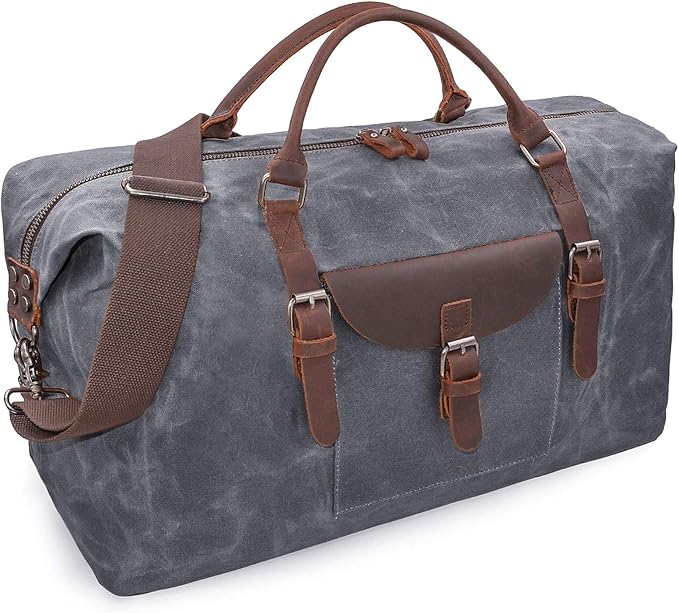 Oversized Travel Duffel Bag Waterproof Canvas Genuine Leather Weekend bag Weekender Overnight Carryon Hand Bag by NEWHEY