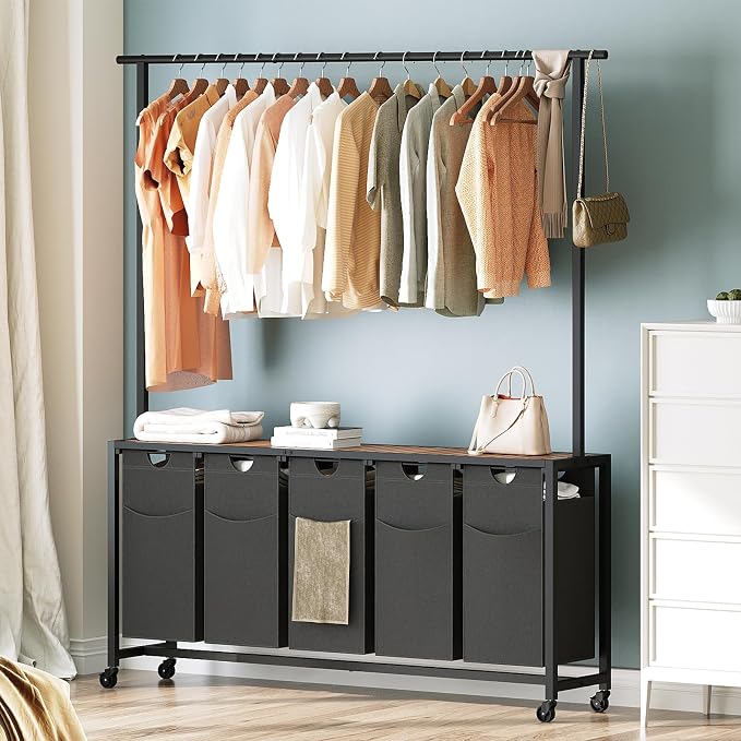 Laundry Hamper, Laundry Sorter 5 Section, Rolling Laundry Basket, Laundry Sorter with Hanging Bar, Hampers for Laundry, Laundry Basket Organizer for Laundry Room, Rustic Brown LS57BR - Image 8