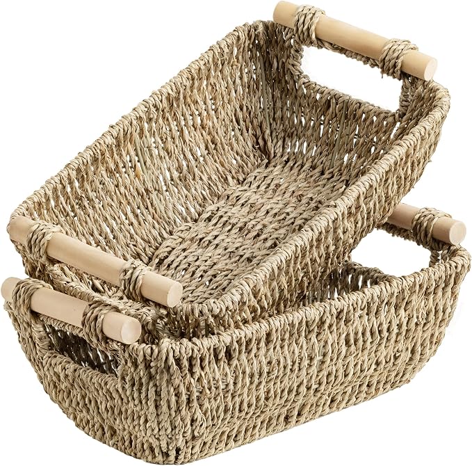 StorageWorks Small Baskets for Shelf, Seagrass Woven Basket for Gifts | Wicker Storage Baskets for Shelves, Baskets with Wooden Handles, 2-Pack Gifts Basket for Home Decor, Hand-Woven Basket by StorageWorks