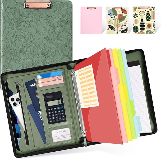 Ospelelf Green Leather Portfolio Binder 3 Ring, Zippered Clipboard Folder with Storage - 5 Dividers with Pocket, Padfolio for Women,12.1” Tablet Sleeve, Refillable Notepad, Card Slot by OspelelfOfficeSupplies