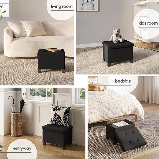 Storage Ottoman Cube with Small Bin, 16-in Square Ottoman with Storage for Living Room and Bedroom, Small Ottomans Foot Rest, Fabric Foot Stools Ottomans Max 330lbs, Black - Image 4