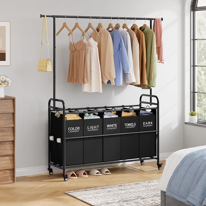 Laundry Sorter with Hanging Rack, 5 Section Laundry Sorter, Black | 246L Laundry Hamper with Removable Bag and Extended Side Bars, Rolling Laundry Sorter Cart for Bedroom, Laundry Room - Image 8