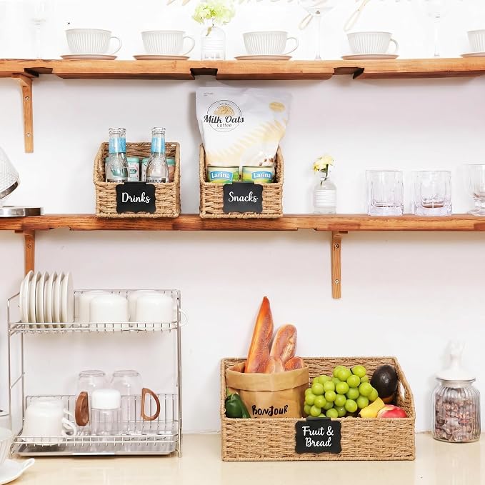 Pantry Organizers, Handwoven Large Wicker Baskets for Shelves & Kitchen, Labeled Storage Baskets for Organizing with Handles - Paper Storage Bins for Shelves, 3 Pack, Natural - Image 7