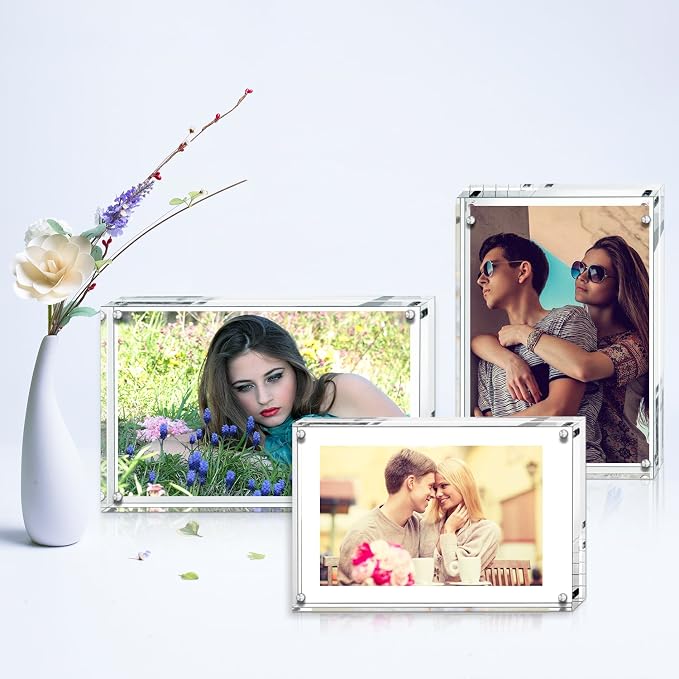 AMEITECH Acrylic Picture Frames, 4x6'' Clear Double Sided Block Set, Desktop Frameless Magnetic Photo Frame (2 Pack) | Double Sided Floating Magnetic Frames, 20mm Thick, Free Standing Desktop Display for Postcards, Pictures and Artworks - Image 7