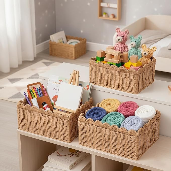 3 Pcs Wicker Storage Baskets for Shelves Picnic Basket,Scalloped Baskets, Hand-woven Wicker Storage Cubes, Paper Rope Shelf Baskets for Organizing and Decoration,Brown Basket - Image 5