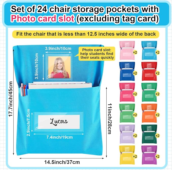 Yeyeplum 24 Pcs Chair Pockets for Classroom Chairback Pocket Chart 14 x 18 Inch Desk Organizer Pocket Chair Bag for Seat Kindergarten School Classroom(Bright,Novel) - Image 2