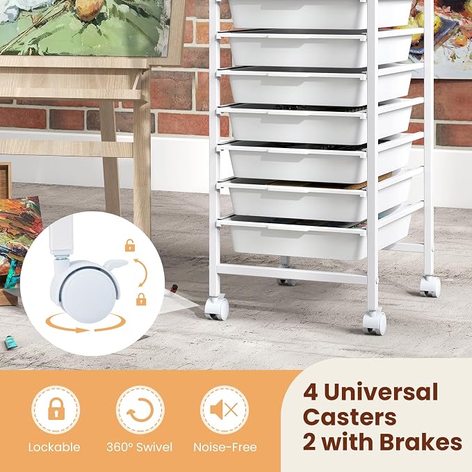 Giantex Rolling Storage Cart with 10 Drawers, Utility Cart w/Wooden Tabletop, Lockable Wheels, Multipurpose Organizer for Art Craft Books Paper, Drawer Carts for Dorm Classroom Office, White - Image 8