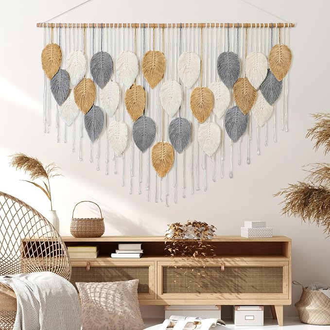 Large Macrame Wall Hanging Boho Woven Tapestry Chic Modern Home Decorations | KHOYIME Bohemian Farmhouse Handmade Leaf Feather Wall Art Decor for Living Room Bedroom Nursery Dorm Backdrop 51.5"W X 33.5"L - Image 5