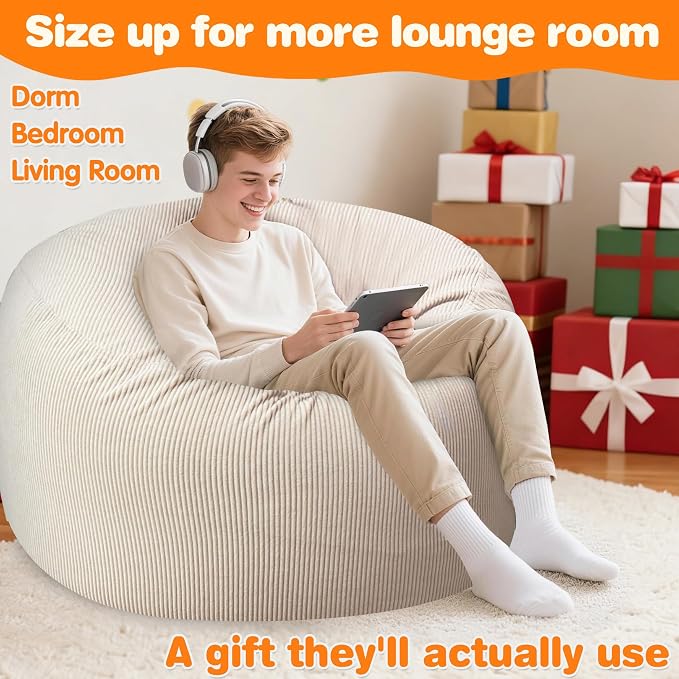 Lukeight Bean Bag Chair for Teens and Adults, Memory Foam Filled Floor Lounger, Washable Velvet Cover with Inner Liner, Beanbag Chair with Filling for Gaming and Reading, Beige, XX-Large 36"D x 20"H - Image 5