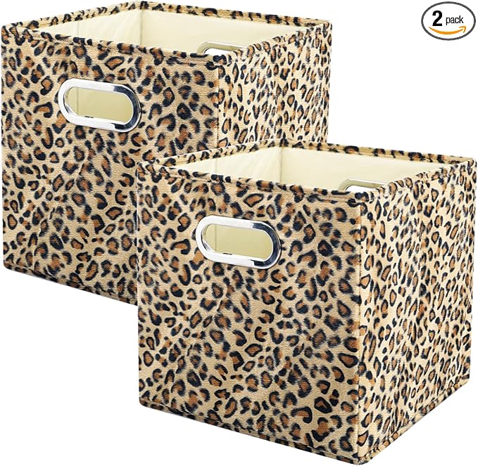 ANMINY Leopard Cheetah Print Storage Cubes Bins, Velvet, Brown, 11Inch 2PCS | Collapsible & Washable, PP Board Frame, Built-in Metal Handles, Animal Themed Fabric Cubes Baskets for Closet Shelves Decor by ANMINY