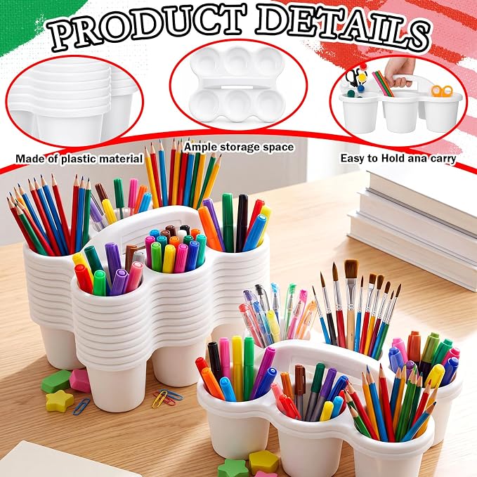 12 Pack Classroom Caddy Organizer with Handle 6 Compartment,White | Plastic Drink Cup Caddy Holder, Portable Storage Bin, for Pencil, Glue Stick, Crayons, Marker, Table, Office, School Supplies - Image 4