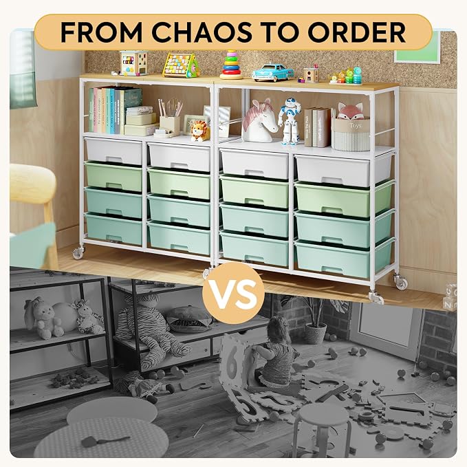 Rolling Storage Cart with 8 Large Drawers, Wooden Tabletop | Open Storage Shelves, Mobile Craft Organizer with Lockable Wheels for Home, Classroom, Office Supplies & Art Studio,Green - Image 6