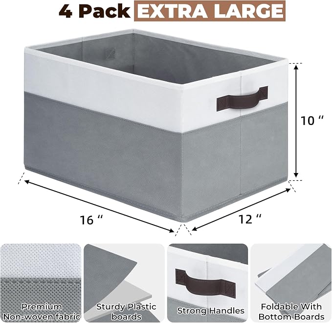 Extra Large Storage Bins 4 Pack - 16x12in Closet Organizers and Storage Baskets for Organizing Clothes Toy Blanket - Fabric Storage Cubes Containers for Shelves - All Room Organization - Image 2