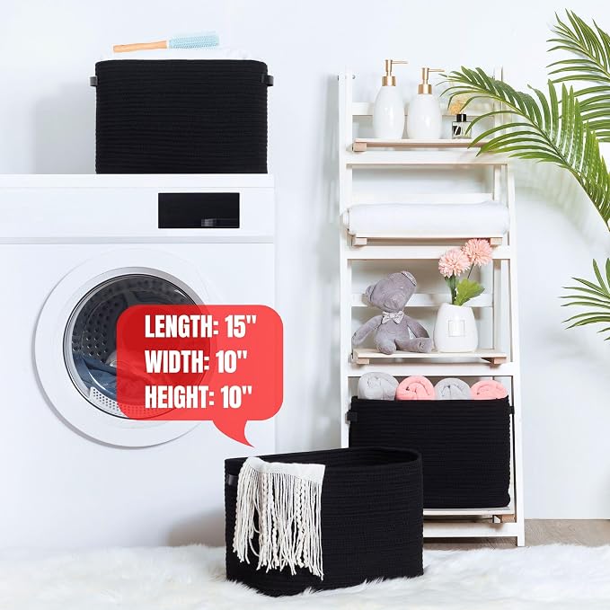 3-Pack Storage Baskets for Shelves, Decorative Baskets for Organizing, Woven Baskets for Storage, Book Basket Cube Bin Box, Pantry Closet, Shoe Organizer, Black / Black - Image 6