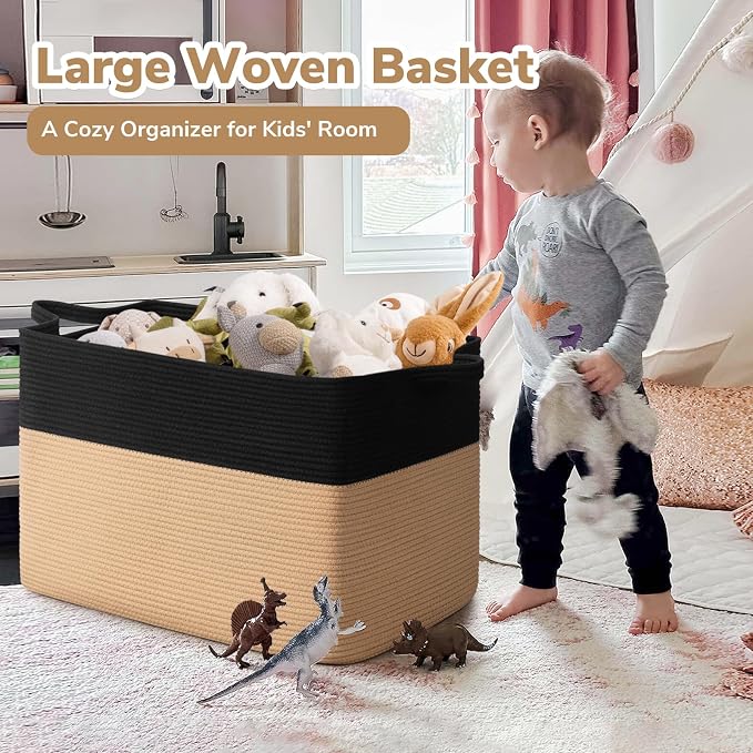 Goodpick 105L Extra Large Woven Blanket Basket Cotton Rope Storage Baskets for Organizing, Kids Toy Storage Organizer for Living Room Nursery, 25"x16"x16", Black & Jute - Image 2