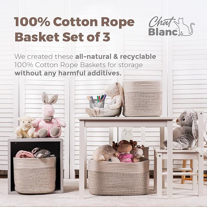 CHAT BLANC Cotton Rope Baskets for Organizing | Storage Baskets for Shelves | Rope Basket for Storage, Small Laundry Baskets, Woven Baskets for Storage, Dog Toy Bin, Baby Basket,Off White&Brown 3 Pack - Image 3