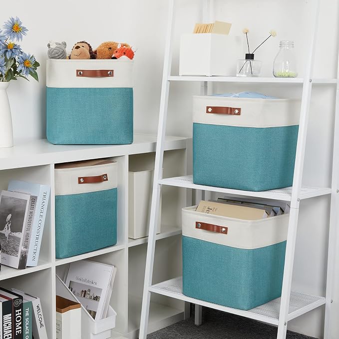 DULLEMELO Square Storage Cubes Baskets for Gifts Empty, 12 inch Cube Stroage Bins Linen Closet Organizers and Storage Baskets for Toy Nursery Shelves Bedroom Storage(4 Pack - 12" White&Teal) - Image 6