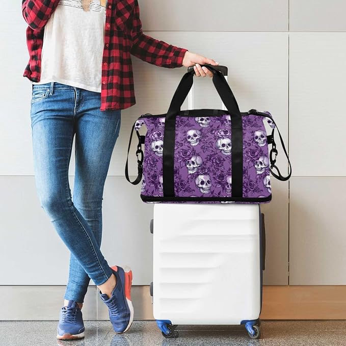 Travel Duffel Tote Bag Purple Rose Skull Sports Duffel Bag with Wet Pocket Weekender Overnight Bag for Women Men Gym Bag, Carry On Bag Hospital Bag for Labor and Delivery - Image 3