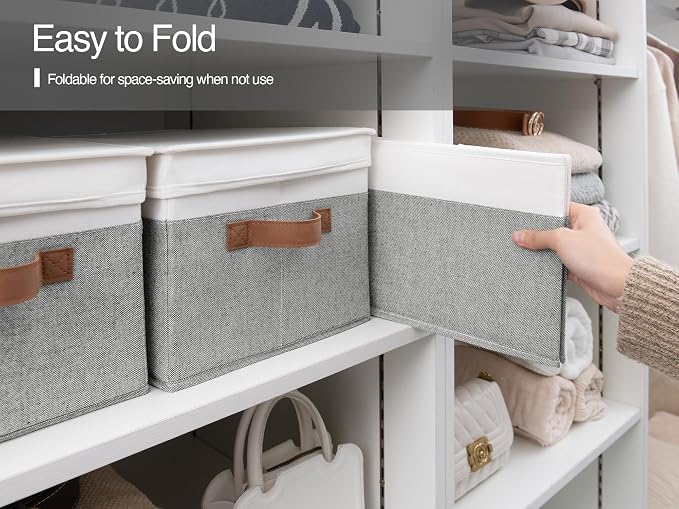 StorageWorks Fabric Storage Bins with Lids, Closet Storage Bins | Lidded Dust-proof, Easy Pull Handles, Foldable, Stackable, Ideal for Clothes Blanket Towel, Large, Gray and White, 3-Pack - Image 4