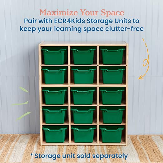 ECR4Kids Scoop Front Storage Bin, Multipurpose Organization, Green, 15-Piece | Durable plastic, GREENGUARD Gold Certified, 1.2 gallon capacity, lightweight & nestable, built-in handle, classroom/home use - Image 5