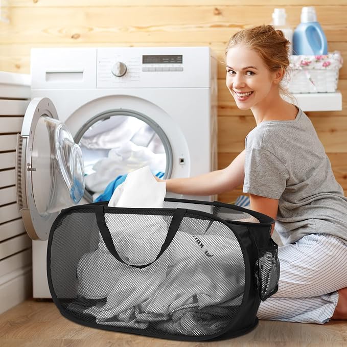 4 Pack Collapsible Laundry Baskets, Foldable Laundry Basket with Pocket, Durable Pop Up Hampers, Reinforced Handles Dirty Clothes Hamper for Laundry, Bedroom, Bathroom, Dorm, Travel or Camping Black - Image 3