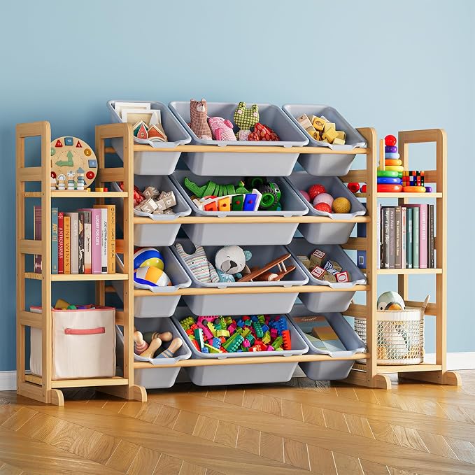 SpaceAid Toy Storage Organizer with 6 Shelves and 12 Bins, Toy Organizers Storage Bookshelf, Kids Bin Shelf Toys Box Bookcase for Bedroom Playroom Organization Room Decor, Neutral Gray by SpaceAid