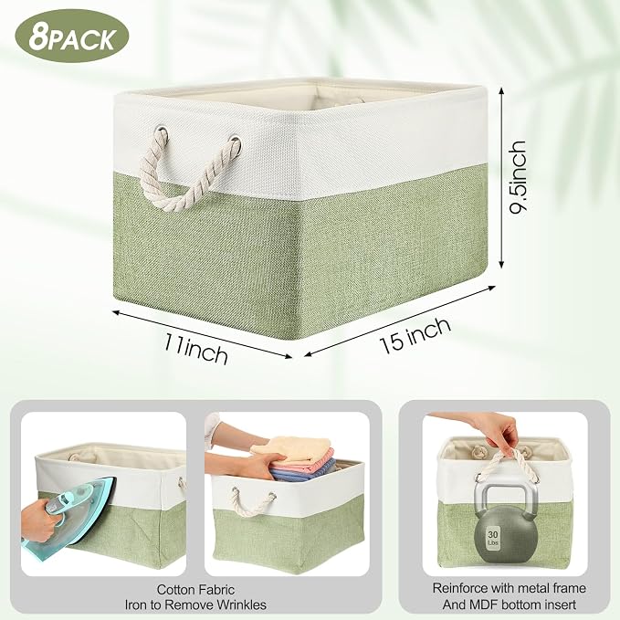 meekoo 8 Pack Collapsible Storage Bins Fabric Storage Bins Polyester Fabric Baskets with Handles Linen Closet Organizer for Shelf Home Closet Towels Toys(15 x 11 x 9.5 in,Green White) - Image 3