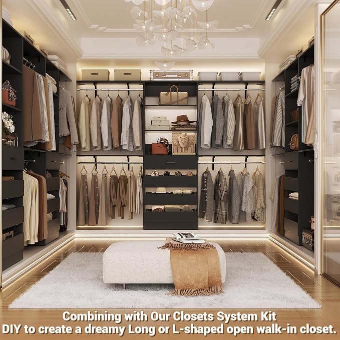 Aheaplus Closet System with Drawers Set of 2, Wood Closet Organizer System with 8 Hanging Rods & Top Shelves, Walk-in Closets Organizer Wardrobe Clothes Rack System, Cut Fits Spaces 4-9FT. Wide, Black - Image 5